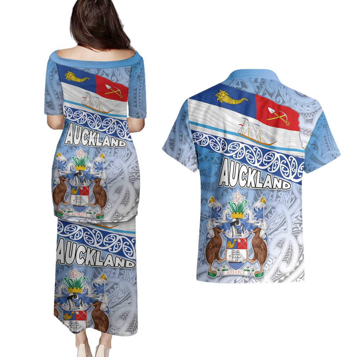 New Zealand Auckland Couples Matching Puletasi and Hawaiian Shirt Auckland's Flag and Coat of Arms - Koru Art Maori Pattern LT03 - Polynesian Pride
