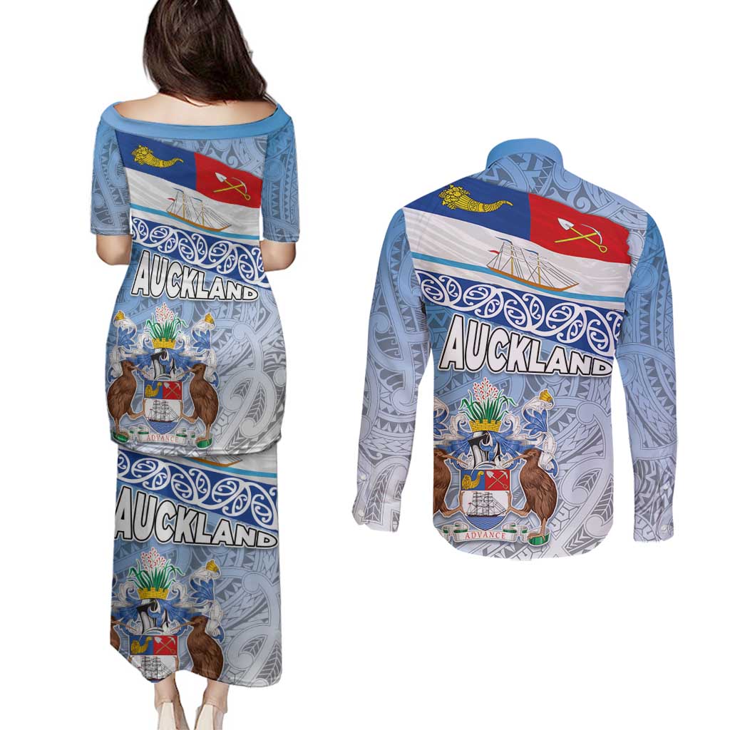 New Zealand Auckland Couples Matching Puletasi and Long Sleeve Button Shirt Auckland's Flag and Coat of Arms - Koru Art Maori Pattern LT03 - Polynesian Pride