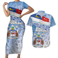 New Zealand Auckland Couples Matching Short Sleeve Bodycon Dress and Hawaiian Shirt Auckland's Flag and Coat of Arms - Koru Art Maori Pattern LT03 Light Blue - Polynesian Pride