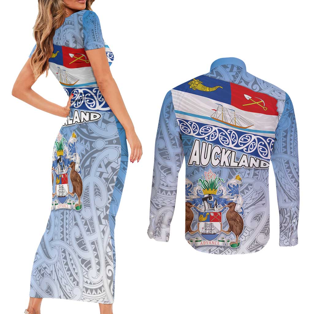 New Zealand Auckland Couples Matching Short Sleeve Bodycon Dress and Long Sleeve Button Shirt Auckland's Flag and Coat of Arms - Koru Art Maori Pattern LT03 - Polynesian Pride