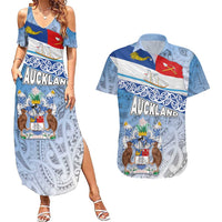 New Zealand Auckland Couples Matching Summer Maxi Dress and Hawaiian Shirt Auckland's Flag and Coat of Arms - Koru Art Maori Pattern LT03 Light Blue - Polynesian Pride