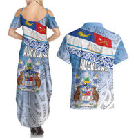 New Zealand Auckland Couples Matching Summer Maxi Dress and Hawaiian Shirt Auckland's Flag and Coat of Arms - Koru Art Maori Pattern LT03 - Polynesian Pride
