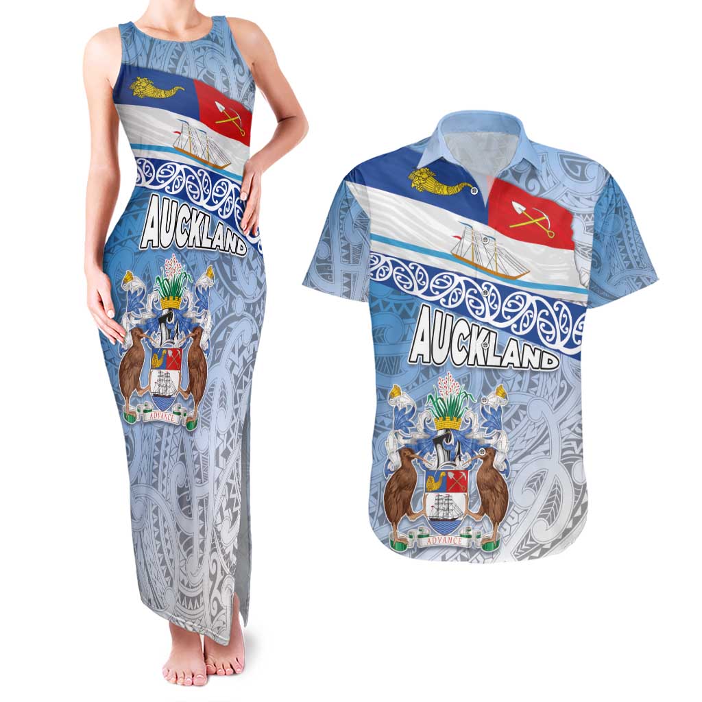 New Zealand Auckland Couples Matching Tank Maxi Dress and Hawaiian Shirt Auckland's Flag and Coat of Arms - Koru Art Maori Pattern LT03 Light Blue - Polynesian Pride