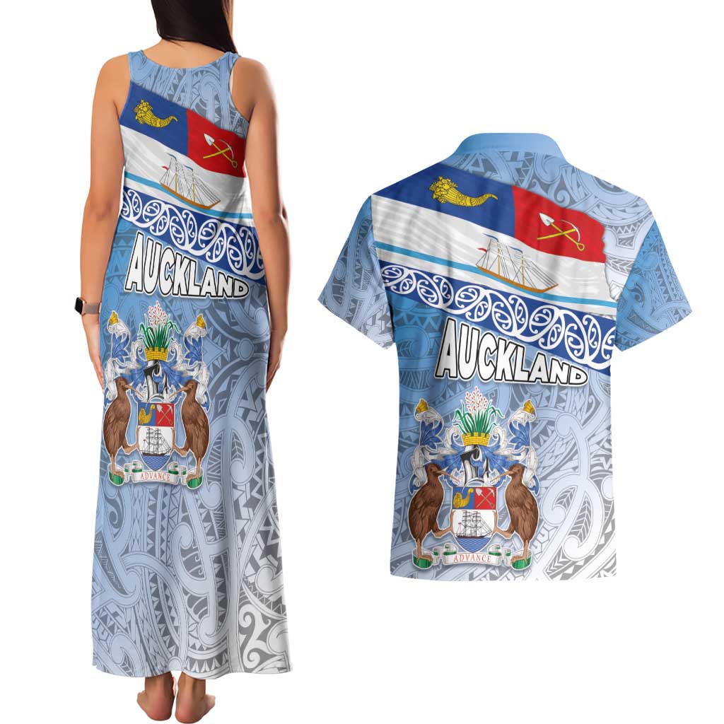 New Zealand Auckland Couples Matching Tank Maxi Dress and Hawaiian Shirt Auckland's Flag and Coat of Arms - Koru Art Maori Pattern LT03 - Polynesian Pride
