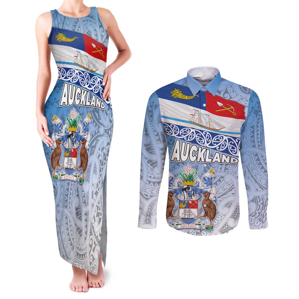 New Zealand Auckland Couples Matching Tank Maxi Dress and Long Sleeve Button Shirt Auckland's Flag and Coat of Arms - Koru Art Maori Pattern LT03 Light Blue - Polynesian Pride