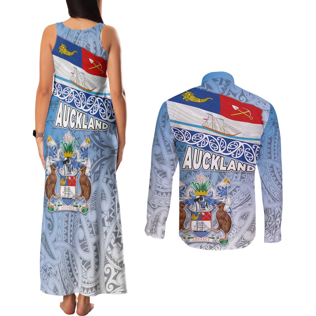 New Zealand Auckland Couples Matching Tank Maxi Dress and Long Sleeve Button Shirt Auckland's Flag and Coat of Arms - Koru Art Maori Pattern LT03 - Polynesian Pride