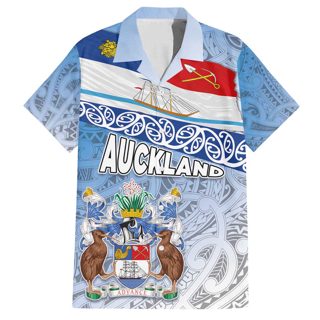 New Zealand Auckland Family Matching Long Sleeve Bodycon Dress and Hawaiian Shirt Auckland's Flag and Coat of Arms - Koru Art Maori Pattern LT03 Dad's Shirt - Short Sleeve Light Blue - Polynesian Pride