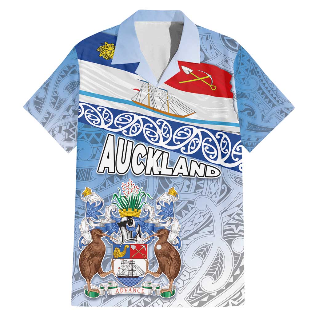 New Zealand Auckland Family Matching Mermaid Dress and Hawaiian Shirt Auckland's Flag and Coat of Arms - Koru Art Maori Pattern LT03 Dad's Shirt - Short Sleeve Light Blue - Polynesian Pride