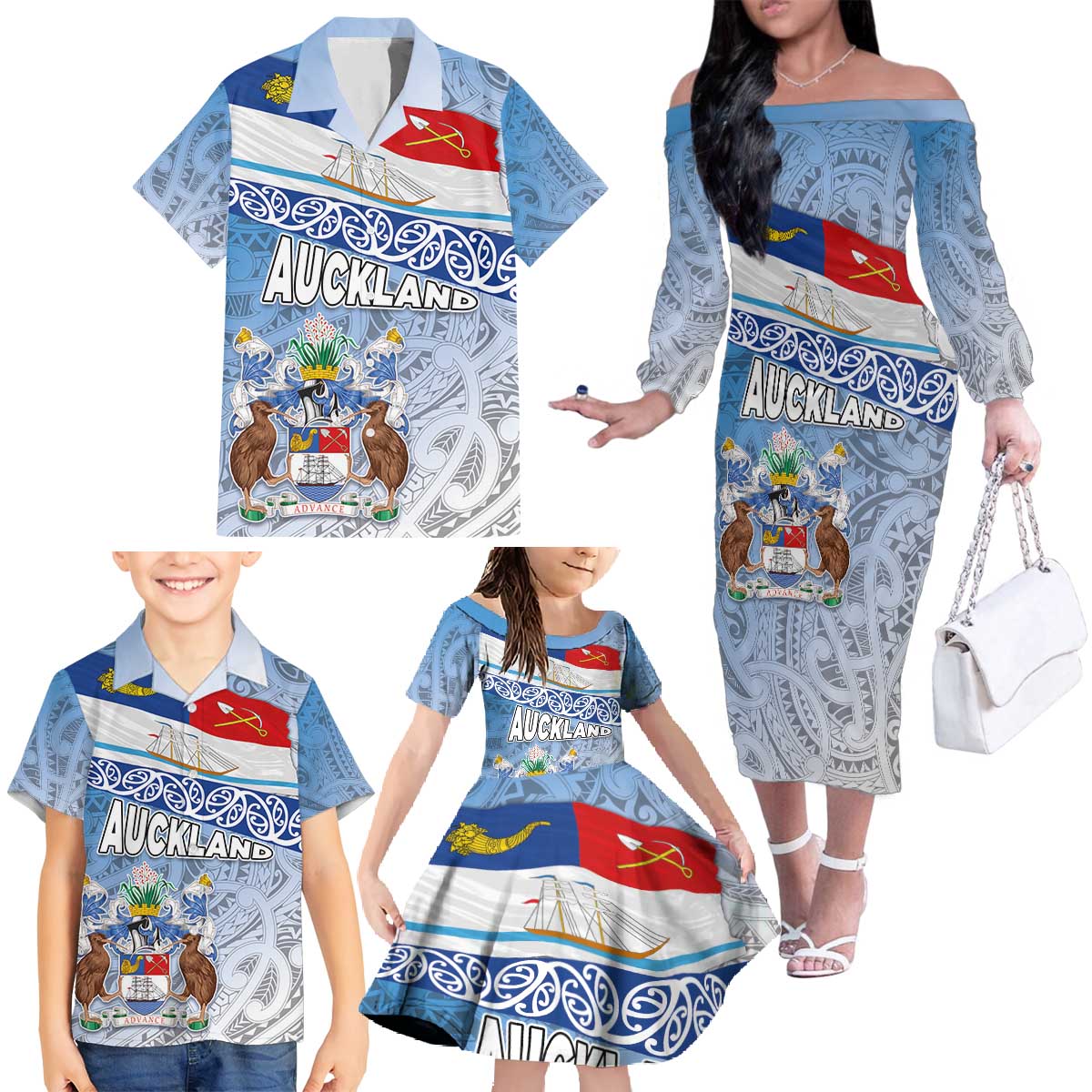 New Zealand Auckland Family Matching Off The Shoulder Long Sleeve Dress and Hawaiian Shirt Auckland's Flag and Coat of Arms - Koru Art Maori Pattern LT03 - Polynesian Pride