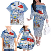 New Zealand Auckland Family Matching Off The Shoulder Long Sleeve Dress and Hawaiian Shirt Auckland's Flag and Coat of Arms - Koru Art Maori Pattern LT03 - Polynesian Pride