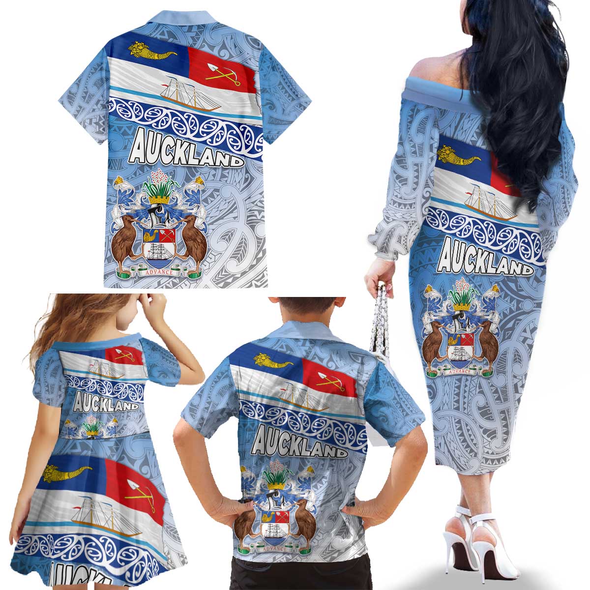New Zealand Auckland Family Matching Off The Shoulder Long Sleeve Dress and Hawaiian Shirt Auckland's Flag and Coat of Arms - Koru Art Maori Pattern LT03 - Polynesian Pride