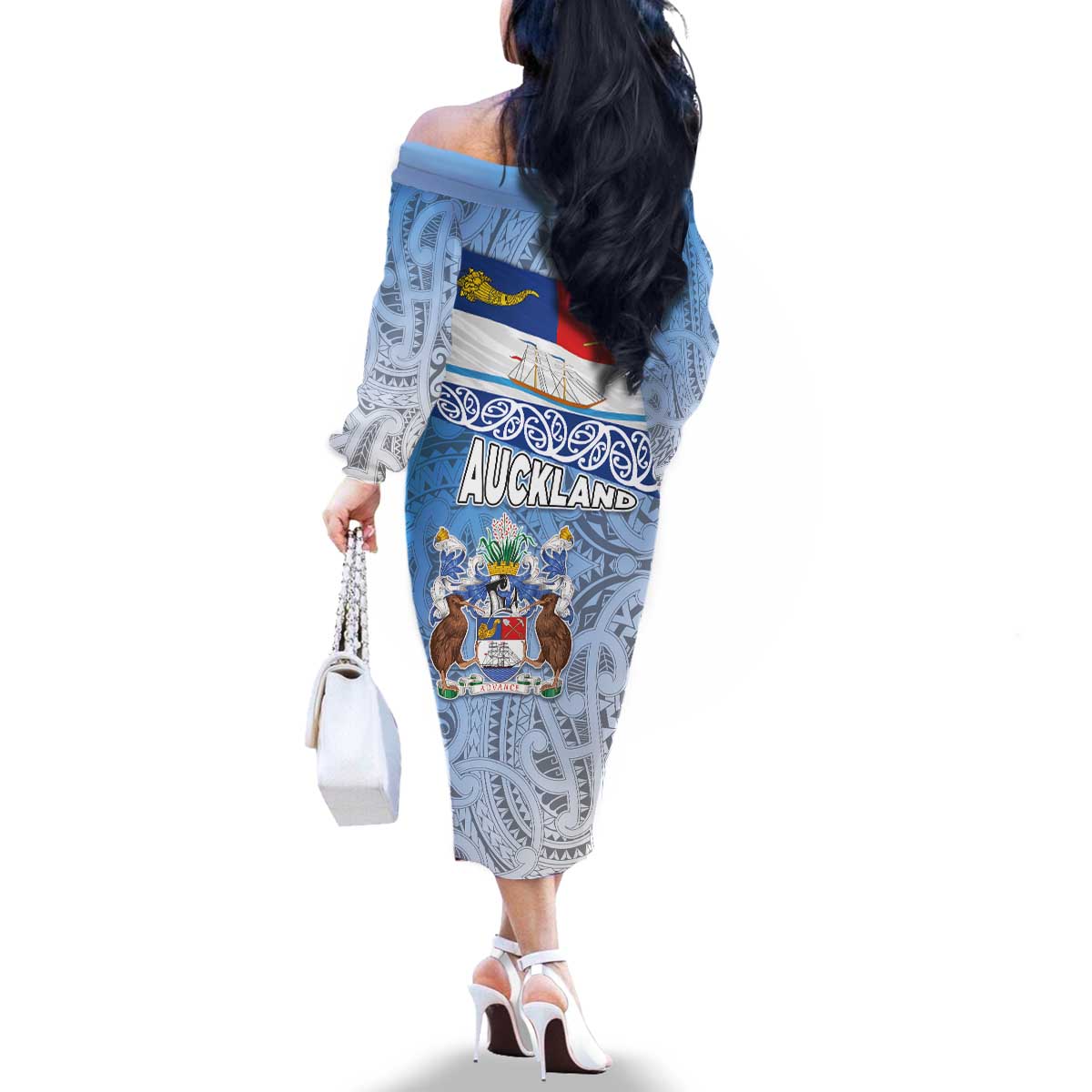 New Zealand Auckland Family Matching Off The Shoulder Long Sleeve Dress and Hawaiian Shirt Auckland's Flag and Coat of Arms - Koru Art Maori Pattern LT03 - Polynesian Pride