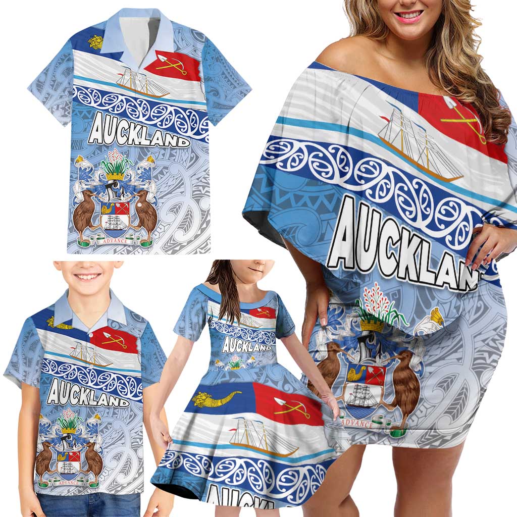 New Zealand Auckland Family Matching Off Shoulder Short Dress and Hawaiian Shirt Auckland's Flag and Coat of Arms - Koru Art Maori Pattern LT03 - Polynesian Pride