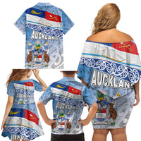 New Zealand Auckland Family Matching Off Shoulder Short Dress and Hawaiian Shirt Auckland's Flag and Coat of Arms - Koru Art Maori Pattern LT03 - Polynesian Pride