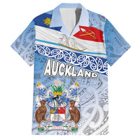 New Zealand Auckland Family Matching Off Shoulder Short Dress and Hawaiian Shirt Auckland's Flag and Coat of Arms - Koru Art Maori Pattern LT03 Dad's Shirt - Short Sleeve Light Blue - Polynesian Pride