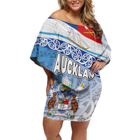 New Zealand Auckland Family Matching Off Shoulder Short Dress and Hawaiian Shirt Auckland's Flag and Coat of Arms - Koru Art Maori Pattern LT03 Mom's Dress Light Blue - Polynesian Pride