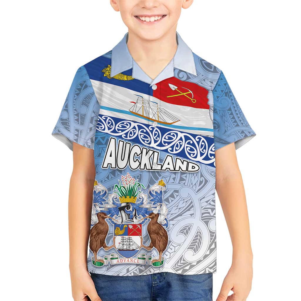 New Zealand Auckland Family Matching Puletasi and Hawaiian Shirt Auckland's Flag and Coat of Arms - Koru Art Maori Pattern LT03 Son's Shirt Light Blue - Polynesian Pride