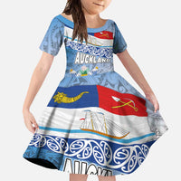 New Zealand Auckland Family Matching Short Sleeve Bodycon Dress and Hawaiian Shirt Auckland's Flag and Coat of Arms - Koru Art Maori Pattern LT03 Daughter's Dress Light Blue - Polynesian Pride