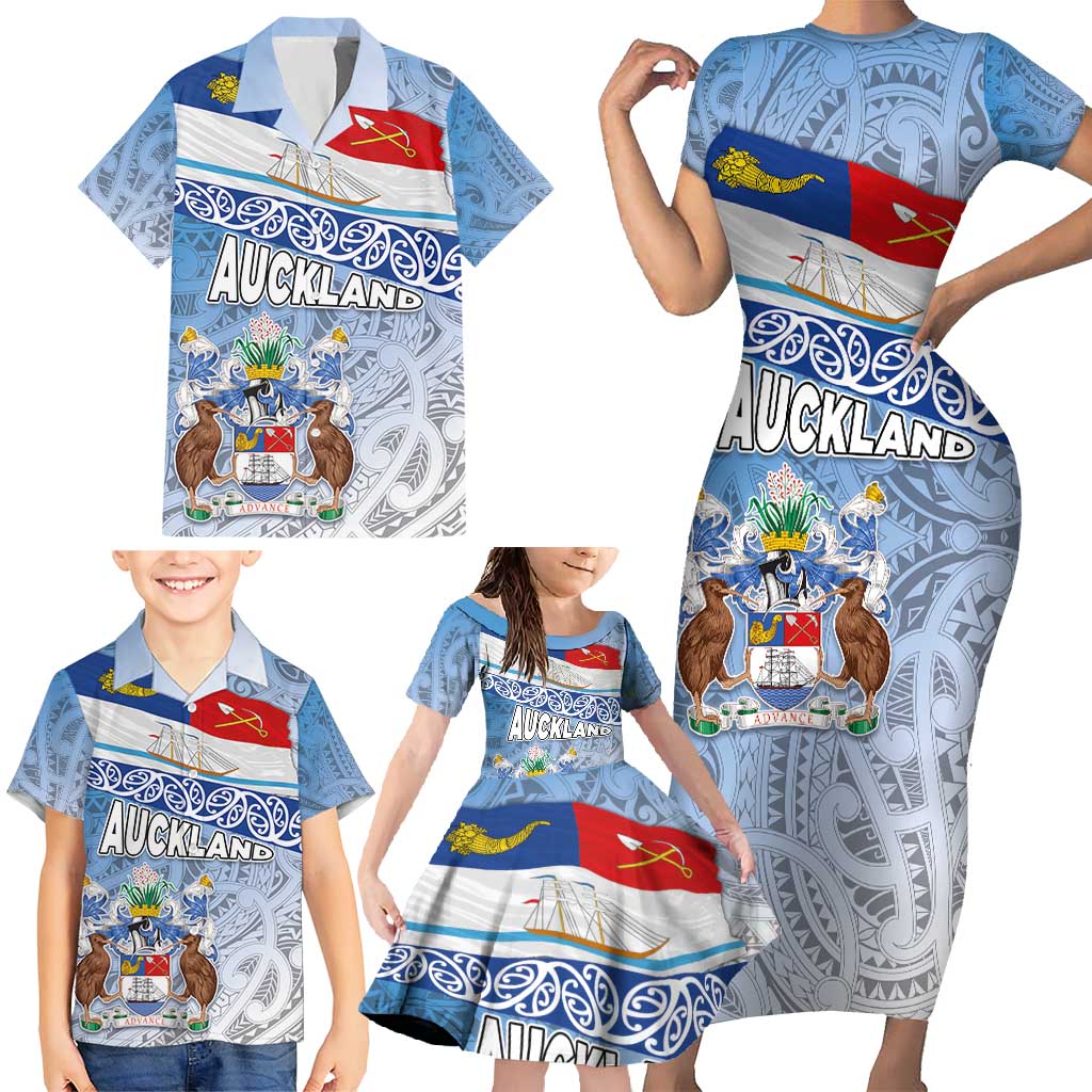 New Zealand Auckland Family Matching Short Sleeve Bodycon Dress and Hawaiian Shirt Auckland's Flag and Coat of Arms - Koru Art Maori Pattern LT03 - Polynesian Pride