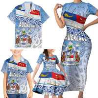 New Zealand Auckland Family Matching Short Sleeve Bodycon Dress and Hawaiian Shirt Auckland's Flag and Coat of Arms - Koru Art Maori Pattern LT03 - Polynesian Pride