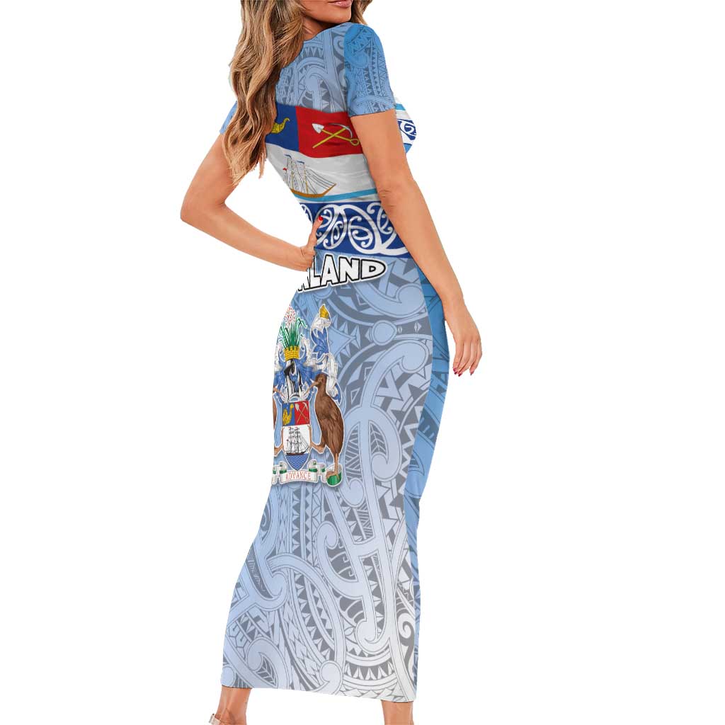 New Zealand Auckland Family Matching Short Sleeve Bodycon Dress and Hawaiian Shirt Auckland's Flag and Coat of Arms - Koru Art Maori Pattern LT03 - Polynesian Pride