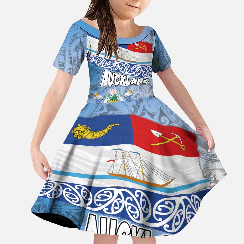 New Zealand Auckland Family Matching Summer Maxi Dress and Hawaiian Shirt Auckland's Flag and Coat of Arms - Koru Art Maori Pattern LT03 Daughter's Dress Light Blue - Polynesian Pride