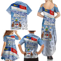 New Zealand Auckland Family Matching Summer Maxi Dress and Hawaiian Shirt Auckland's Flag and Coat of Arms - Koru Art Maori Pattern LT03 - Polynesian Pride
