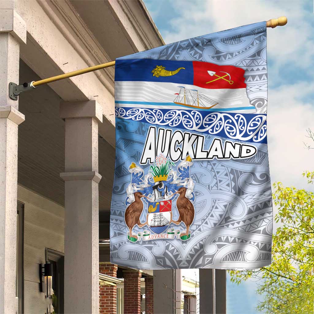 New Zealand Auckland Garden Flag Auckland's Flag and Coat of Arms - Koru Art Maori Pattern LT03 House Flag Light Blue - Polynesian Pride