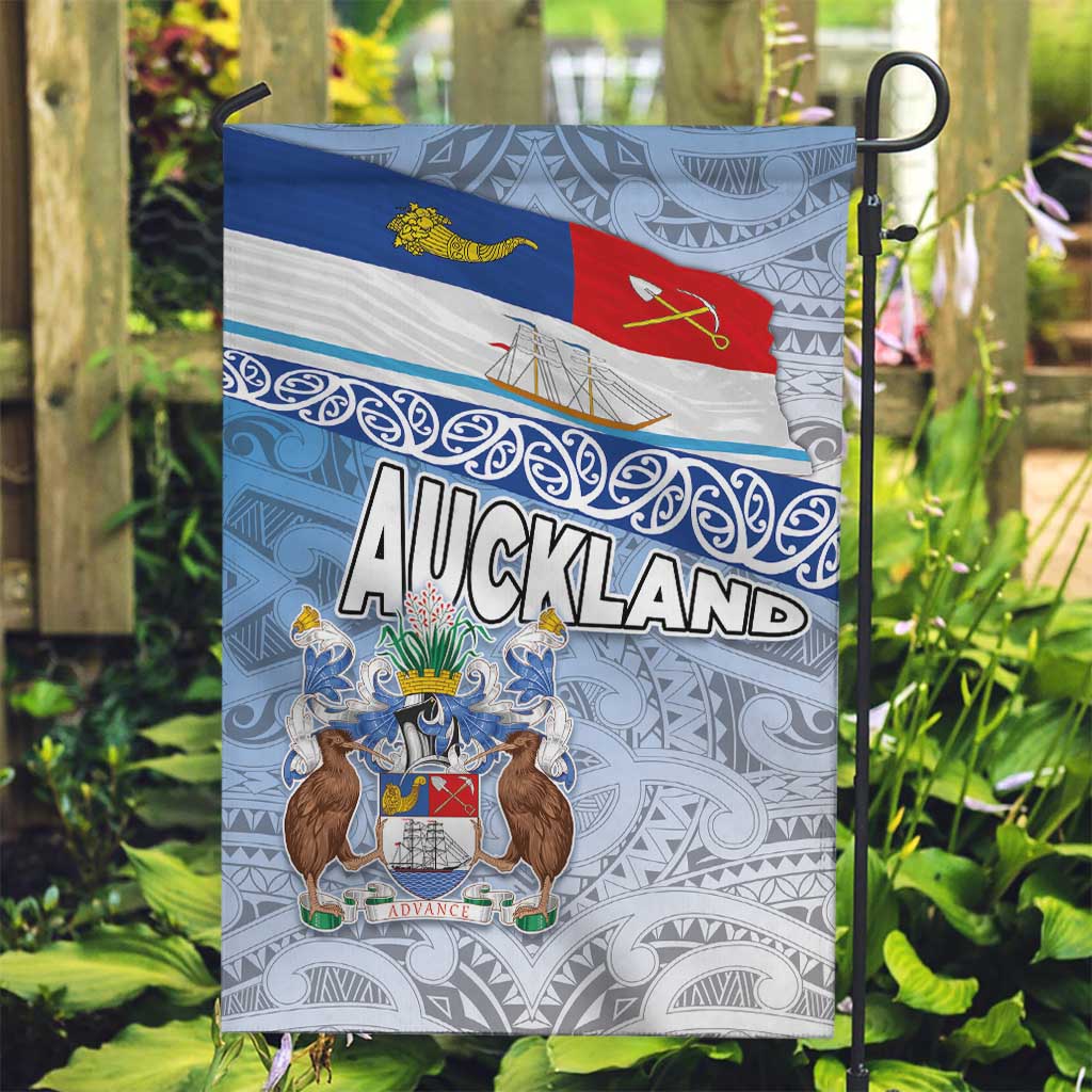 New Zealand Auckland Garden Flag Auckland's Flag and Coat of Arms - Koru Art Maori Pattern LT03 Garden Flag Light Blue - Polynesian Pride