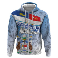 New Zealand Auckland Hoodie Auckland's Flag and Coat of Arms - Koru Art Maori Pattern LT03 Zip Hoodie Light Blue - Polynesian Pride