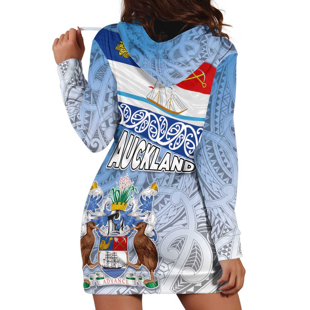 New Zealand Auckland Hoodie Dress Auckland's Flag and Coat of Arms - Koru Art Maori Pattern LT03 - Polynesian Pride