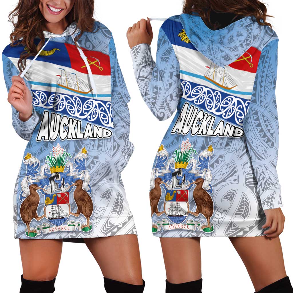 New Zealand Auckland Hoodie Dress Auckland's Flag and Coat of Arms - Koru Art Maori Pattern LT03 - Polynesian Pride