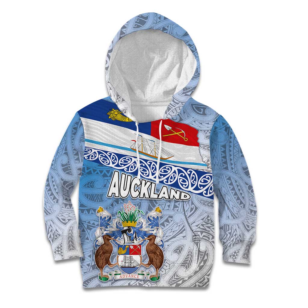 New Zealand Auckland Kid Hoodie Auckland's Flag and Coat of Arms - Koru Art Maori Pattern LT03 Hoodie Light Blue - Polynesian Pride
