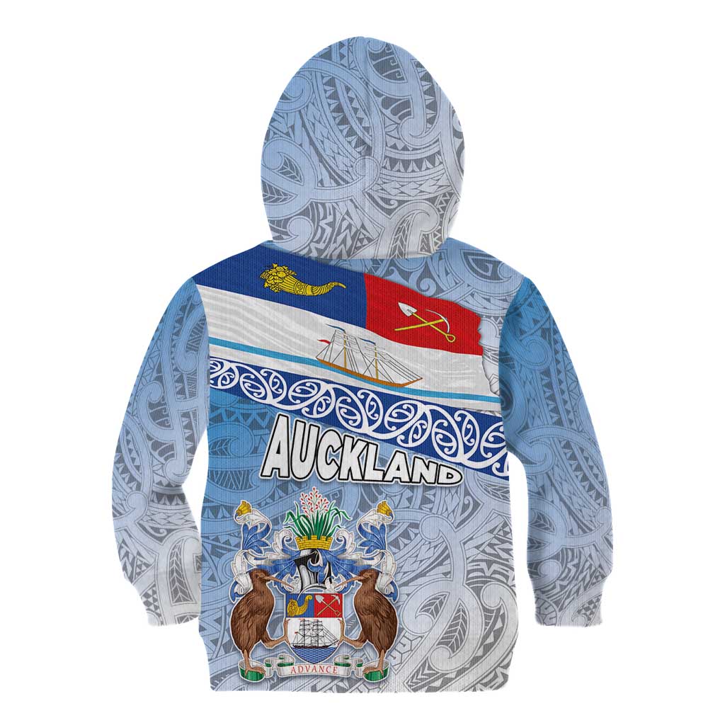 New Zealand Auckland Kid Hoodie Auckland's Flag and Coat of Arms - Koru Art Maori Pattern LT03 - Polynesian Pride
