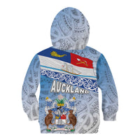 New Zealand Auckland Kid Hoodie Auckland's Flag and Coat of Arms - Koru Art Maori Pattern LT03 - Polynesian Pride
