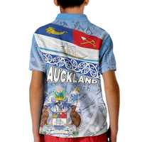 New Zealand Auckland Kid Polo Shirt Auckland's Flag and Coat of Arms - Koru Art Maori Pattern LT03 - Polynesian Pride