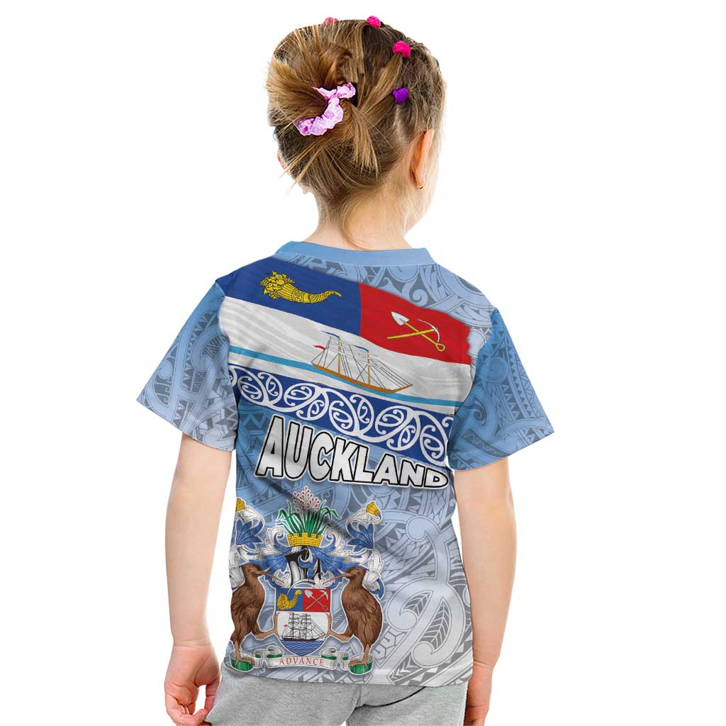 New Zealand Auckland Kid T Shirt Auckland's Flag and Coat of Arms - Koru Art Maori Pattern LT03 - Polynesian Pride