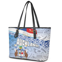 New Zealand Auckland Leather Tote Bag Auckland's Flag and Coat of Arms - Koru Art Maori Pattern LT03 - Polynesian Pride