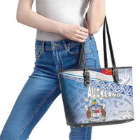 New Zealand Auckland Leather Tote Bag Auckland's Flag and Coat of Arms - Koru Art Maori Pattern LT03 - Polynesian Pride