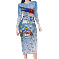 New Zealand Auckland Long Sleeve Bodycon Dress Auckland's Flag and Coat of Arms - Koru Art Maori Pattern LT03 Long Dress Light Blue - Polynesian Pride