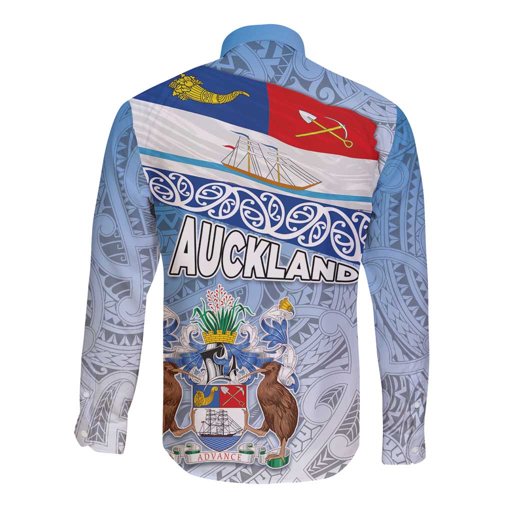 New Zealand Auckland Long Sleeve Button Shirt Auckland's Flag and Coat of Arms - Koru Art Maori Pattern LT03 - Polynesian Pride