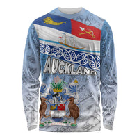 New Zealand Auckland Long Sleeve Shirt Auckland's Flag and Coat of Arms - Koru Art Maori Pattern LT03 Unisex Light Blue - Polynesian Pride
