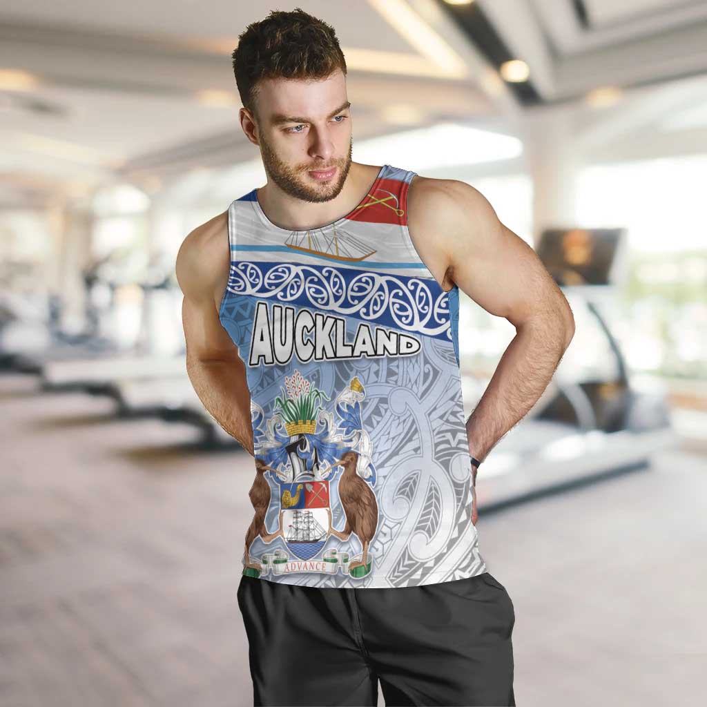 New Zealand Auckland Men Tank Top Auckland's Flag and Coat of Arms - Koru Art Maori Pattern LT03 Light Blue - Polynesian Pride
