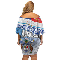 New Zealand Auckland Off Shoulder Short Dress Auckland's Flag and Coat of Arms - Koru Art Maori Pattern LT03 - Polynesian Pride