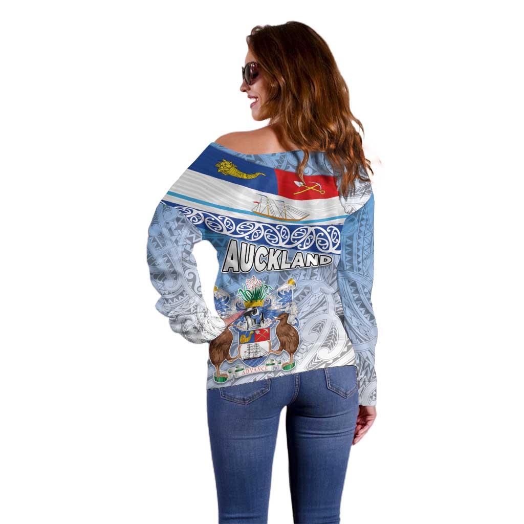 New Zealand Auckland Off Shoulder Sweater Auckland's Flag and Coat of Arms - Koru Art Maori Pattern LT03 - Polynesian Pride