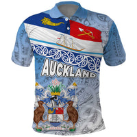 New Zealand Auckland Polo Shirt Auckland's Flag and Coat of Arms - Koru Art Maori Pattern LT03 Light Blue - Polynesian Pride