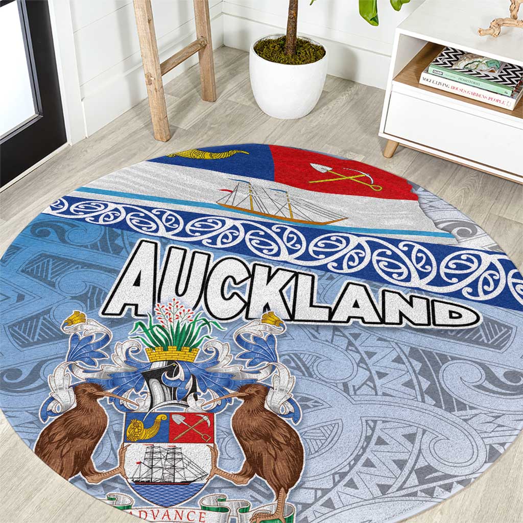 New Zealand Auckland Round Carpet Auckland's Flag and Coat of Arms - Koru Art Maori Pattern LT03 Light Blue - Polynesian Pride