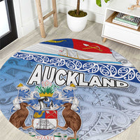New Zealand Auckland Round Carpet Auckland's Flag and Coat of Arms - Koru Art Maori Pattern LT03 Light Blue - Polynesian Pride