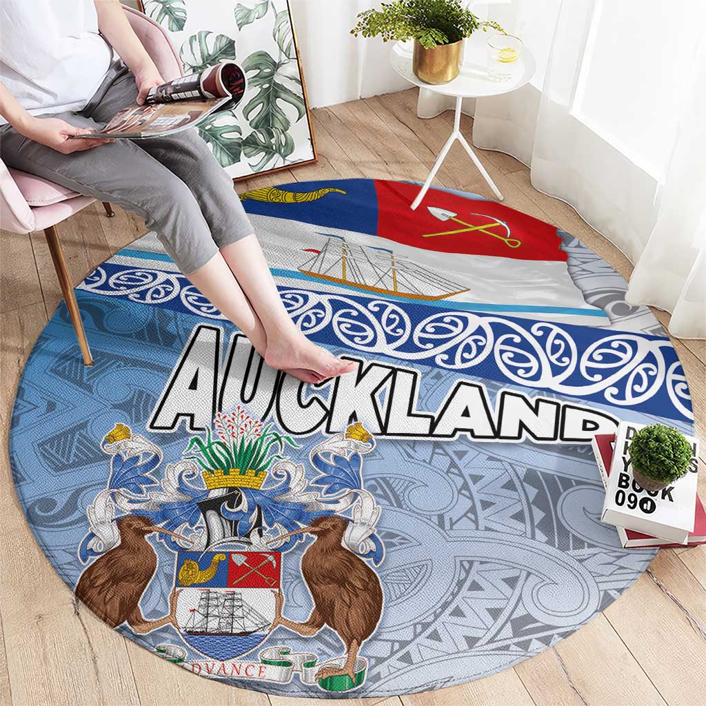 New Zealand Auckland Round Carpet Auckland's Flag and Coat of Arms - Koru Art Maori Pattern LT03 - Polynesian Pride