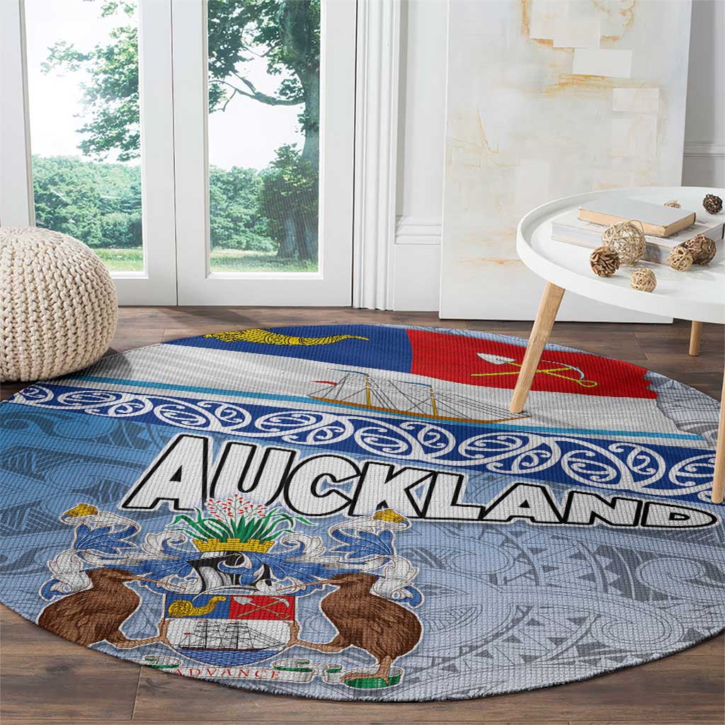 New Zealand Auckland Round Carpet Auckland's Flag and Coat of Arms - Koru Art Maori Pattern LT03 - Polynesian Pride